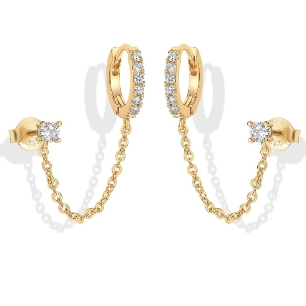 14K Gold Chain Double Piercing Huggie Hoop Stud CZ Earrings